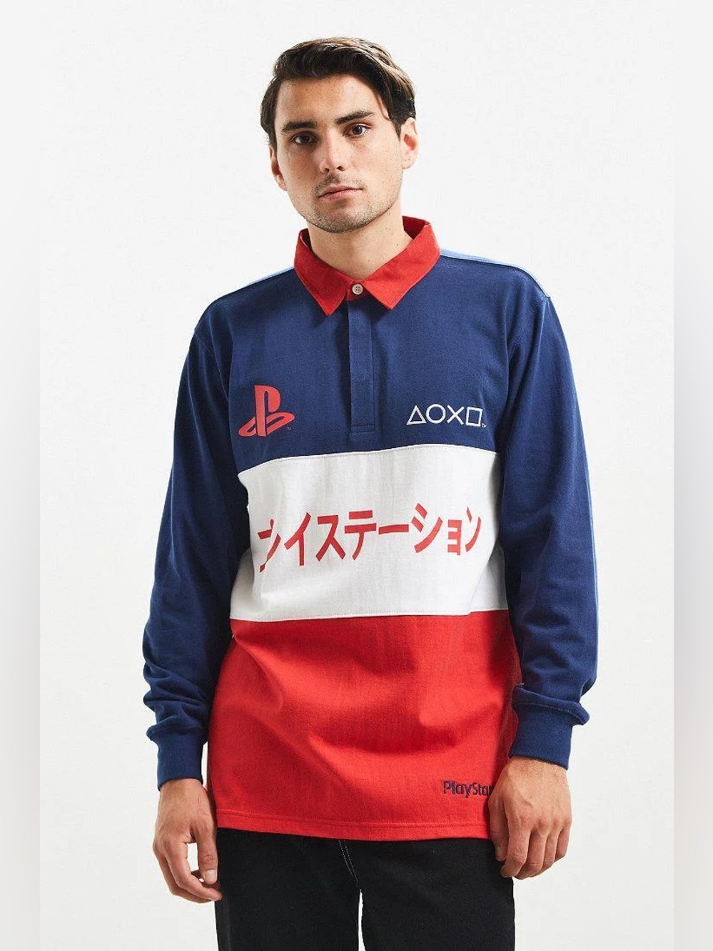 Vintage PlayStation Rugby Polo Long Sleeve Shirt Red White Blue Colorblock Japan